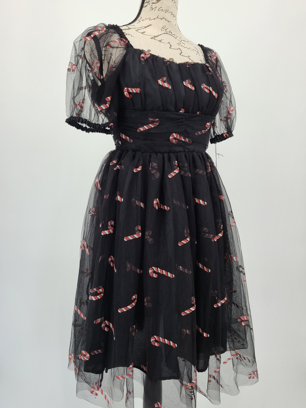 Unique Vintage Black Tulle Fit And Flare Glitter Candy Cane Dress Size XS/2